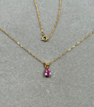 0.51–0.56 Ct Pink Sapphire Solitaire Scroll Pendant in 14K Yellow Gold, Pear Cut Pink Sapphire Necklace, 18” Gold Chain