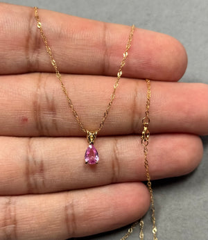 0.51–0.56 Ct Pink Sapphire Solitaire Scroll Pendant in 14K Yellow Gold, Pear Cut Pink Sapphire Necklace, 18” Gold Chain
