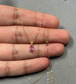 0.51–0.56 Ct Pink Sapphire Solitaire Scroll Pendant in 14K Yellow Gold, Pear Cut Pink Sapphire Necklace, 18” Gold Chain