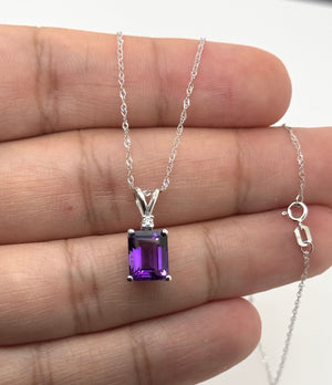 Amethyst Diamond Pendant Platinum | Emerald Cut 9x7 mm — 1.65–2.25 Ct Purple Gemstone Necklace