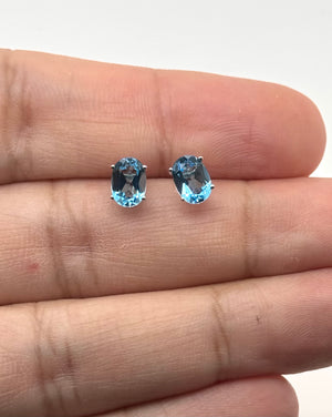 Swiss Blue Topaz Stud Earrings | 14K White Gold Oval — 1.40–1.85 Ct AAA Gemstone Studs