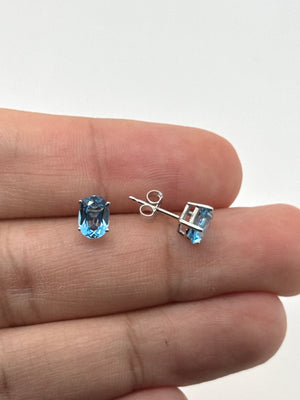 Swiss Blue Topaz Stud Earrings | 14K White Gold Oval — 1.40–1.85 Ct AAA Gemstone Studs
