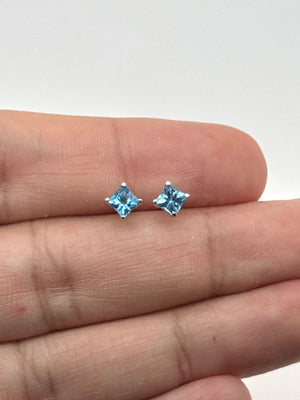 Swiss Blue Topaz Stud Earrings | 14K White Gold Princess Cut — 0.93–1.09 Ct Gemstone Studs