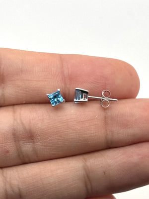 Swiss Blue Topaz Stud Earrings | 14K White Gold Princess Cut — 0.93–1.09 Ct Gemstone Studs