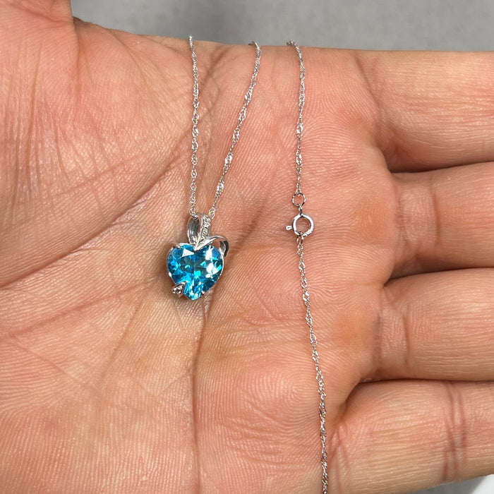 Swiss Blue Topaz Heart Pendant 14K White Gold | 9mm Heart 4.30 ct Gem + Diamond Accent | Women’s Fine Jewelry Gift with Chain