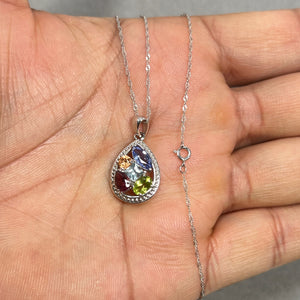 Multi Gemstone Pendant 14K White Gold, Colorful Sapphire & Diamond Cluster Necklace, Elegant Rainbow Gemstone Pendant