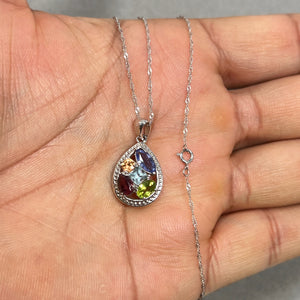 Multi Gemstone Pendant 14K White Gold, Colorful Sapphire & Diamond Cluster Necklace, Elegant Rainbow Gemstone Pendant