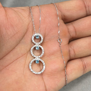 14K white gold trio-circle pendant with aquamarines and diamonds