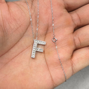 14K white gold F initial pendant with natural diamonds