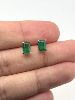 Natural Emerald Cut Stud Earrings | 7x5mm AA Emeralds, 14K Yellow Gold, May Birthstone