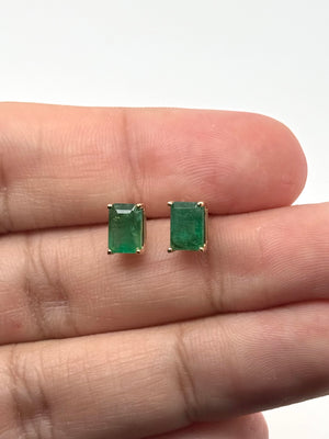 Natural Emerald Cut Stud Earrings | 7x5mm AA Emeralds, 14K Yellow Gold, May Birthstone