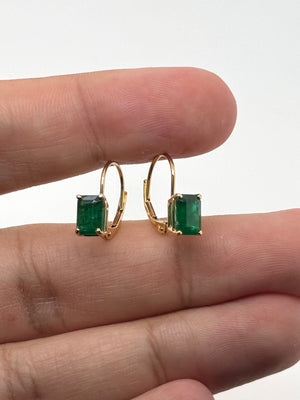 Natural Emerald Lever back Earrings 7x5mm Emerald Cut AA in 14K Yellow Gold | May Birthstone Green Gemstone Drop Earrings