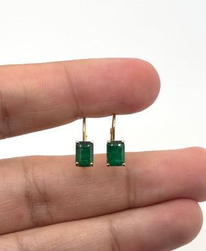 Natural Emerald Lever back Earrings 7x5mm Emerald Cut AA in 14K Yellow Gold | May Birthstone Green Gemstone Drop Earrings