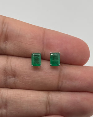 Natural Emerald Cut Stud Earrings | 14K White Gold 7x5mm, AA Quality, May Birthstone