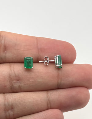 Natural Emerald Cut Stud Earrings | 14K White Gold 7x5mm, AA Quality, May Birthstone