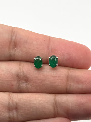 Natural Emerald Stud Earrings 7x5mm Oval AA in 14K White Gold | May Birthstone Earrings