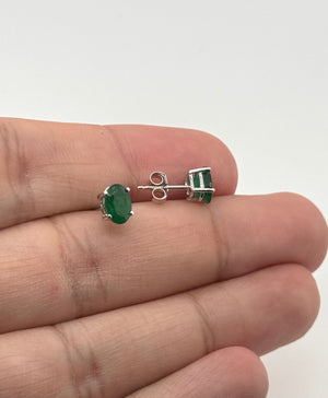 Natural Emerald Stud Earrings 7x5mm Oval AA in 14K White Gold | May Birthstone Earrings