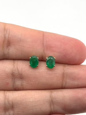 Natural Emerald Oval Stud Earrings | 18K Yellow Gold, AA Grade Green Gemstone