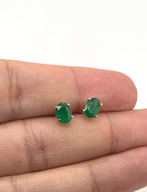 Natural Emerald Oval Stud Earrings | 18K Yellow Gold, AA Grade Green Gemstone