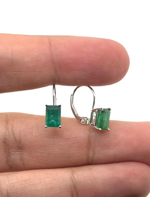 Natural Emerald Lever back Earrings 7x5mm Emerald Cut AA in 14K White Gold | May Birthstone Green Gemstone Drop Earrings