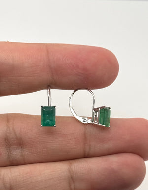 Natural Emerald Lever back Earrings 7x5mm Emerald Cut AA in 14K White Gold | May Birthstone Green Gemstone Drop Earrings