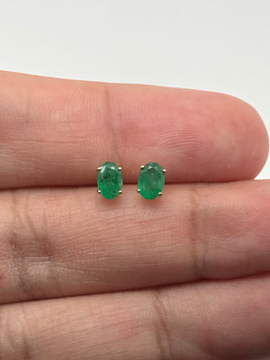 Natural Emerald Stud Earrings | 14K Yellow Gold Oval Solitaire — Elegant May Birthstone Gift