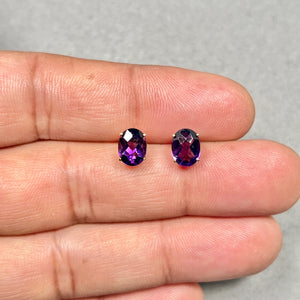 Amethyst Stud Earrings – 14K Yellow Gold, Checkerboard Oval