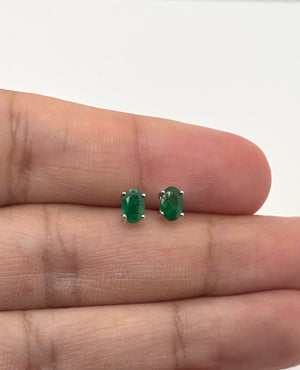 Natural Emerald Stud Earrings 6x4mm Oval AA in 18K White Gold | May Birthstone Green Gemstone Earrings