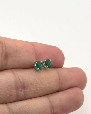 Natural Emerald Stud Earrings 6x4mm Oval AA in 18K White Gold | May Birthstone Green Gemstone Earrings