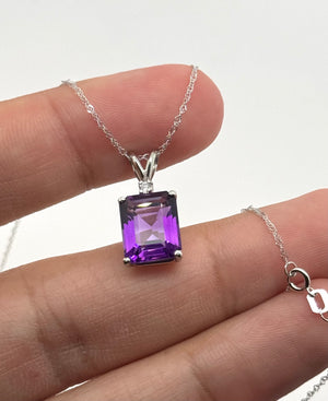 Amethyst Diamond Pendant 11x9mm Emerald Cut AAA in Platinum | Purple Gemstone Necklace Gift for Her