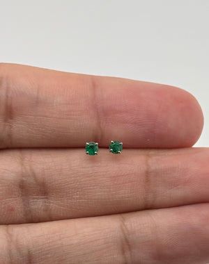 Natural Emerald Stud Earrings 3mm Round AA in 18K White Gold