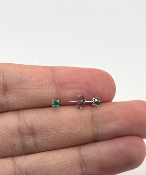 Natural Emerald Stud Earrings 3mm Round AA in 18K White Gold