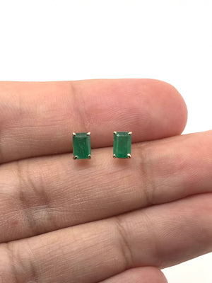 Natural Emerald Stud Earrings 6x4mm Emerald Cut AA in 14K Yellow Gold | May Birthstone Green Gemstone Earrings
