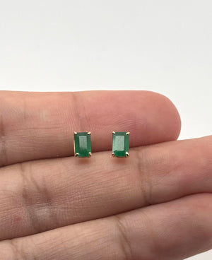 Natural Emerald Stud Earrings 6x4mm Emerald Cut AA in 14K Yellow Gold | May Birthstone Green Gemstone Earrings