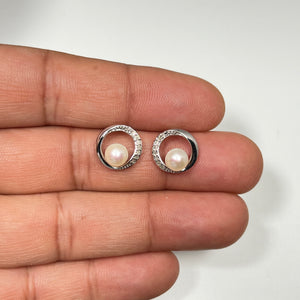 6mm  Pearl & Diamond Circle Earrings at Instagem. Solid 14K White Gold studs with 0.10ctw diamonds. Timeless bridal & June birthstone jewelry.