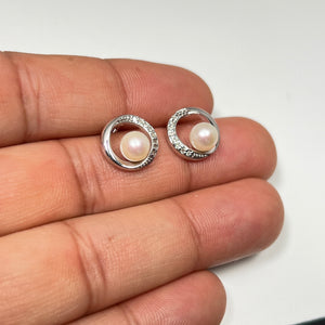 6mm Akoya pearl and diamond circle stud earrings in 14k white gold