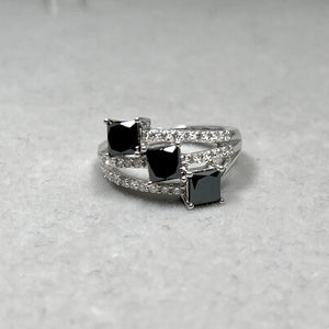 3 stone princess cut black diamond engagement ring in 14k white gold front view