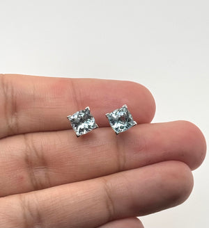 Aquamarine Scroll Stud Earrings 7mm Cushion Checkerboard AAA in 14K White Gold | Blue Gemstone Earrings Gift for Her
