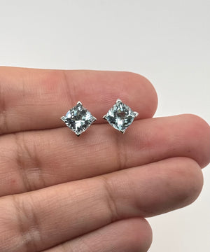 Aquamarine Scroll Stud Earrings 7mm Cushion Checkerboard AAA in 14K White Gold | Blue Gemstone Earrings Gift for Her