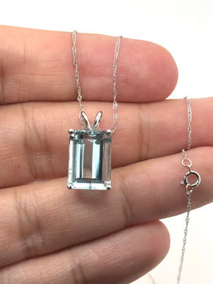 Aquamarine Solitaire Pendant 14x10mm Emerald Cut AAA in 14K White Gold | Blue Gemstone Necklace