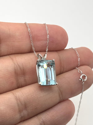 Aquamarine Solitaire Pendant 14x10mm Emerald Cut AAA in 14K White Gold | Blue Gemstone Necklace