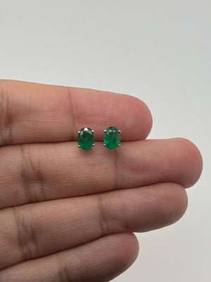 Natural Emerald Stud Earrings 7x5mm Oval AA in 18K White Gold | May Birthstone Green Gemstone Earrings