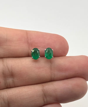Natural Emerald Stud Earrings 7x5mm Oval AA in 18K White Gold | May Birthstone Green Gemstone Earrings