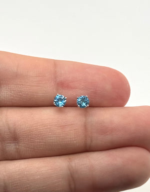 4mm Round Swiss Blue Topaz Stud Earrings | AAA Gemstone, 14K White Gold