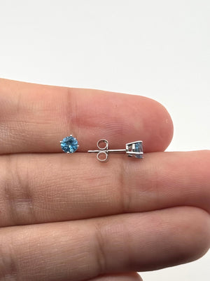 4mm Round Swiss Blue Topaz Stud Earrings | AAA Gemstone, 14K White Gold