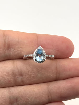 Aquamarine Diamond Ring 0.70 Ct Pear Cut AAA in 14K White Gold | Blue Gemstone Ring Gift for Her Ring Size 7