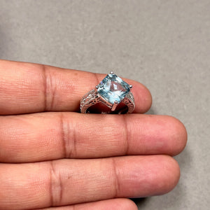 Radiant Cut Aquamarine & Diamond Ring, 14K White Gold, Size 7