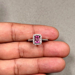 Pink Tourmaline Diamond Ring, 18K White Gold, Emerald Cut, Size 7