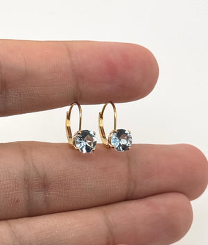 Aquamarine Lever back Earrings 6mm Round AA in 14K Yellow Gold | Blue Gemstone Drop Earrings
