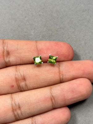 AAA Princess Peridot Stud Earrings: 14K White Gold, 5mm Green Gemstone